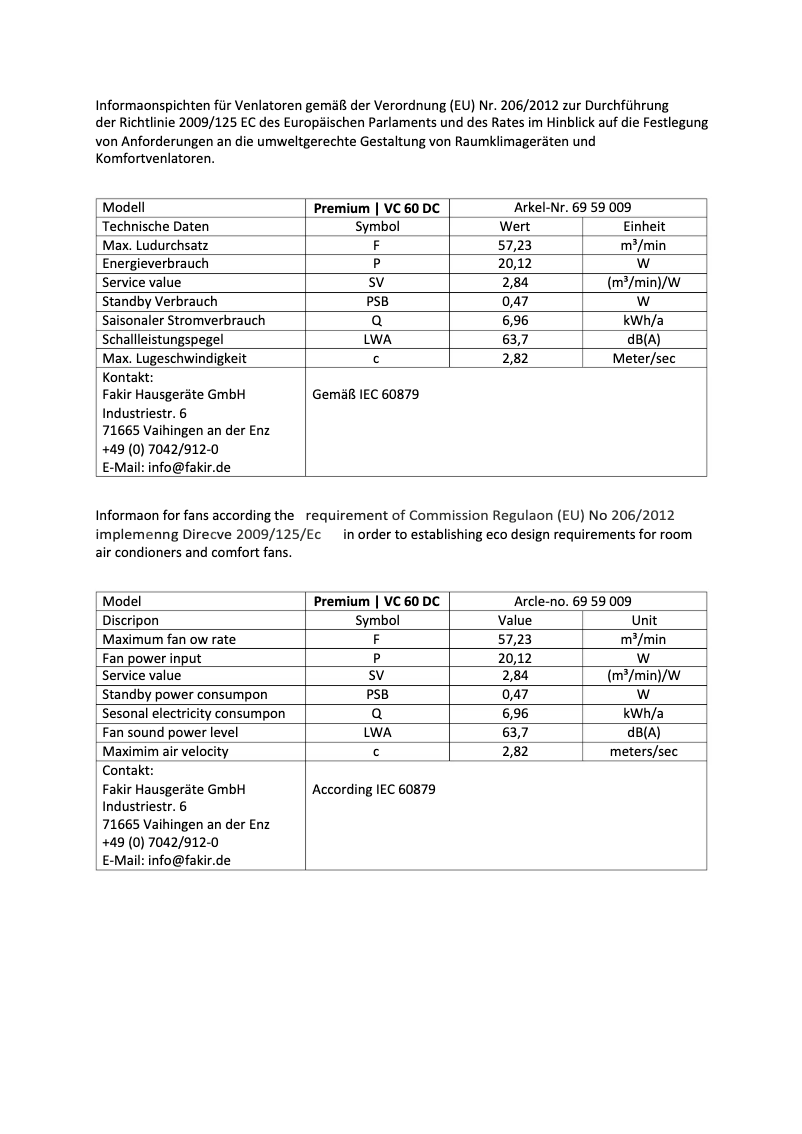 Página 1 del manual Etiqueta energética Fakir premium VC 60 DC