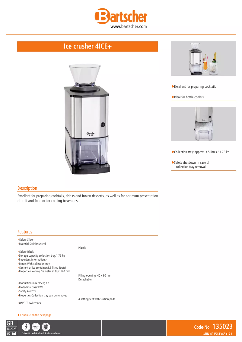 Página 1 del manual Ficha técnica Bartscher 4ICE+