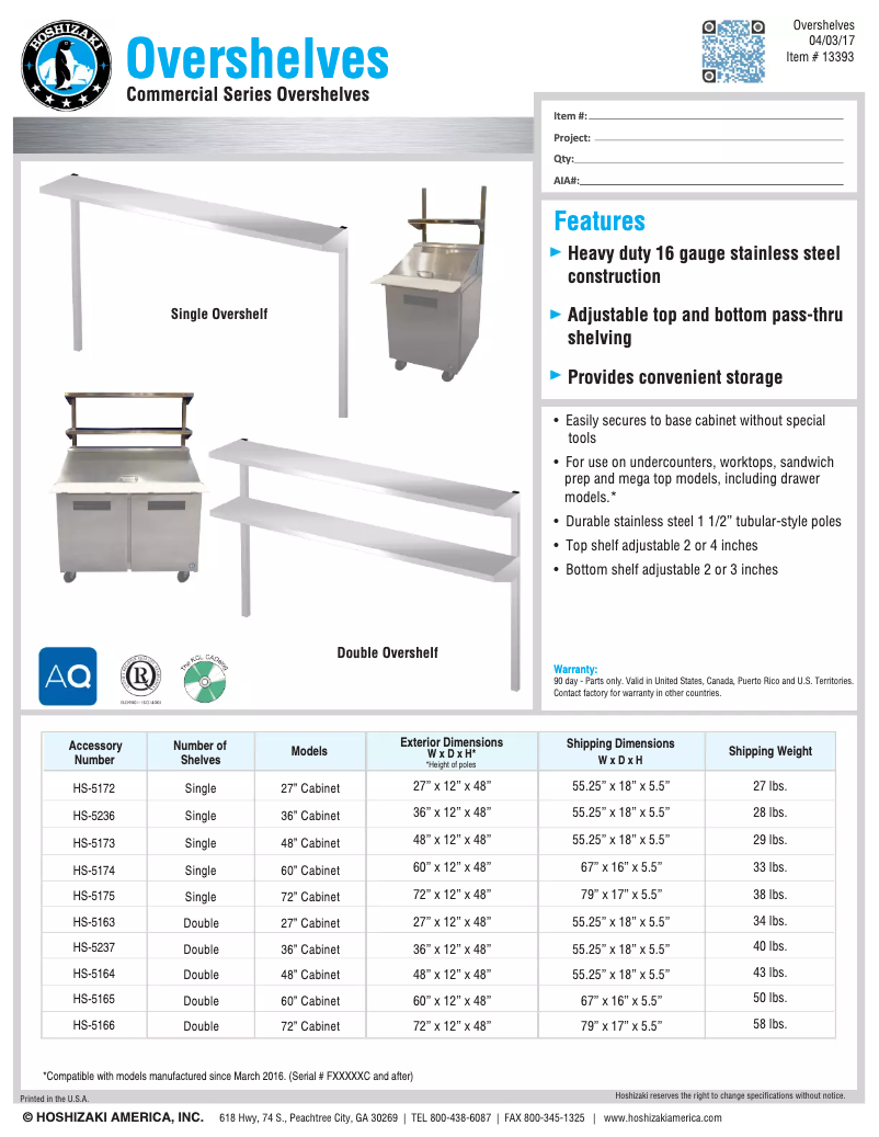 Página 1 del manual Ficha técnica Hoshizaki Commercial HS-5173
