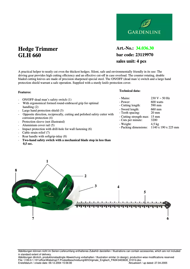 Página 1 del manual Ficha técnica Gardenline GLH 660