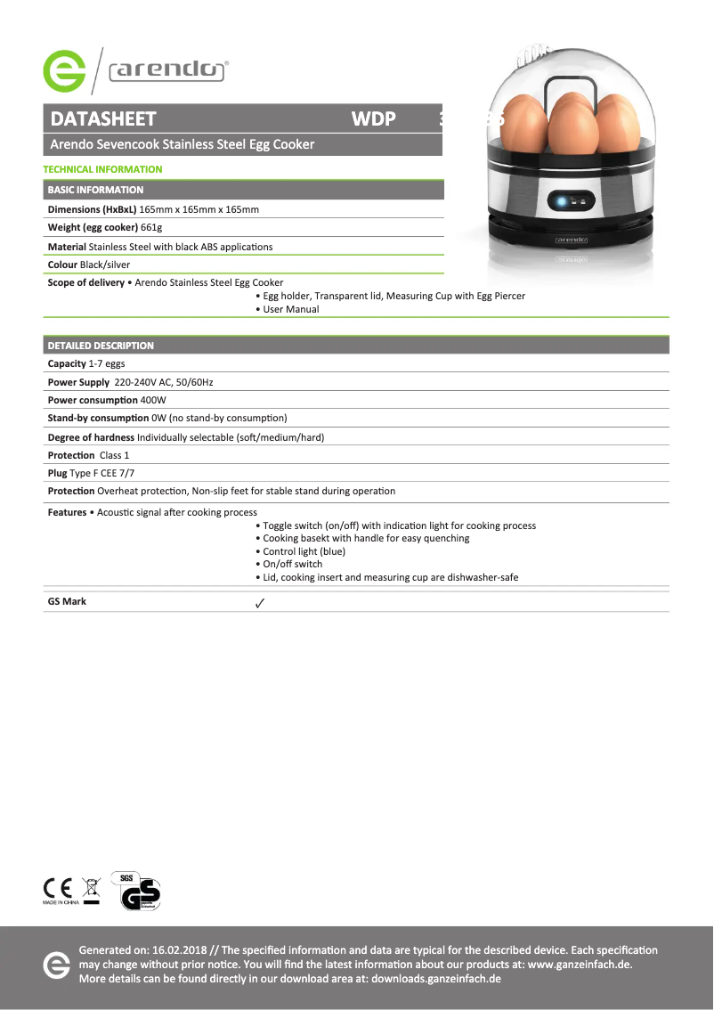 Página 1 del manual Ficha técnica Arendo Sevencook 305920