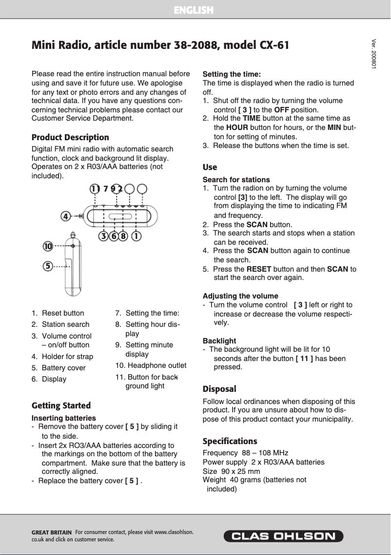 Imagen de la primera página del manual del dispositivo CX-61