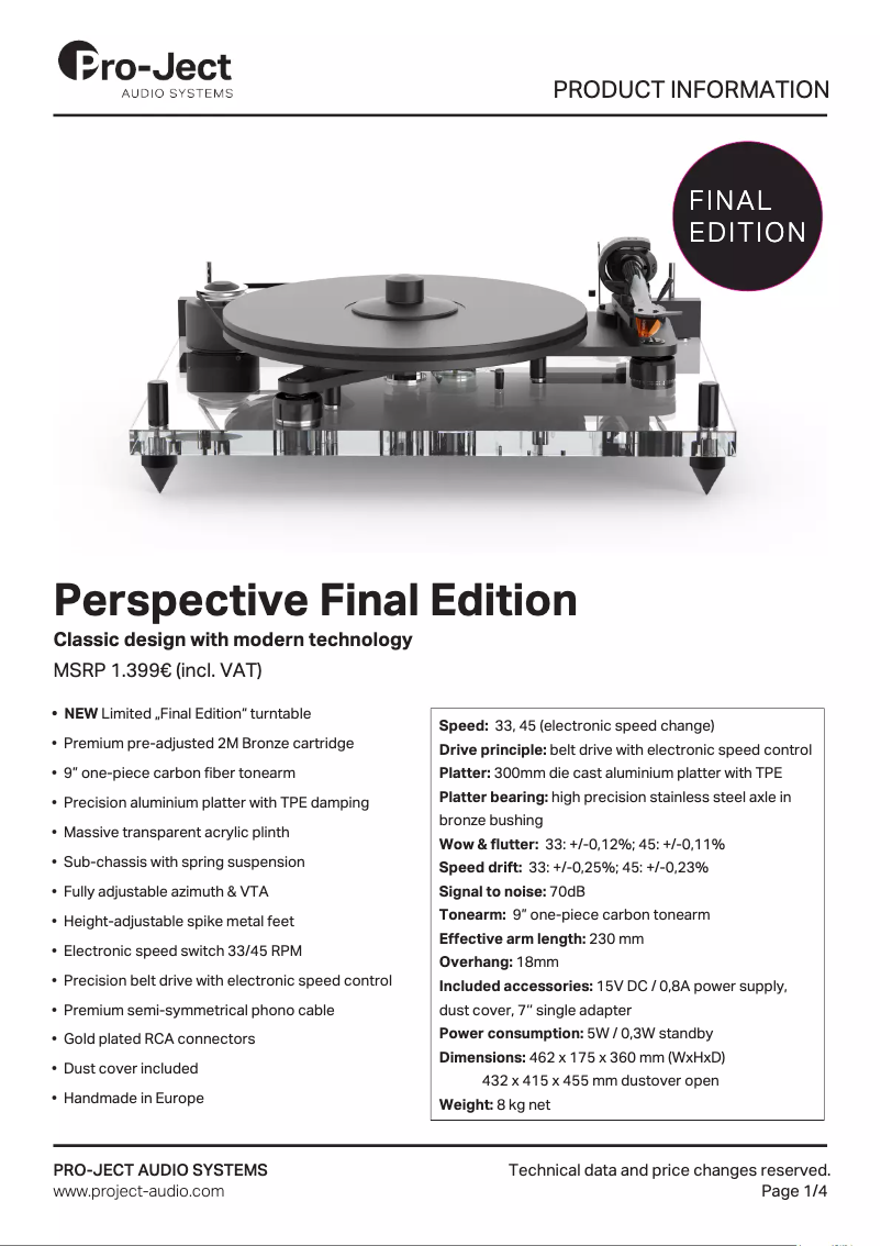 Página 1 del manual Manual de usuario Pro-Ject Perspective Final Edition