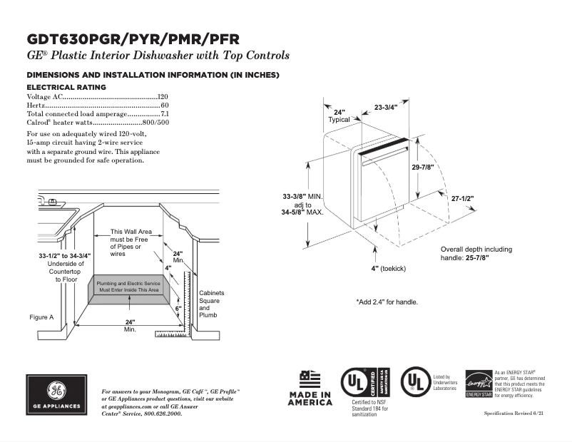 Página 1 del manual Ficha técnica GE GDT630PGRWW