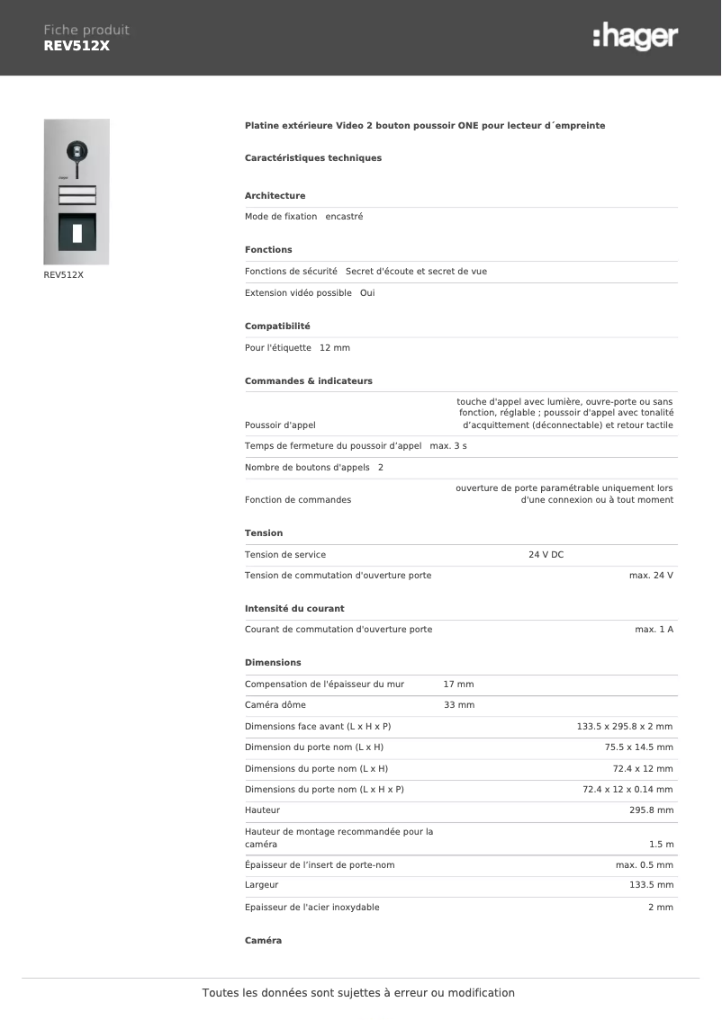 Página 1 del manual Ficha técnica Hager REV512X