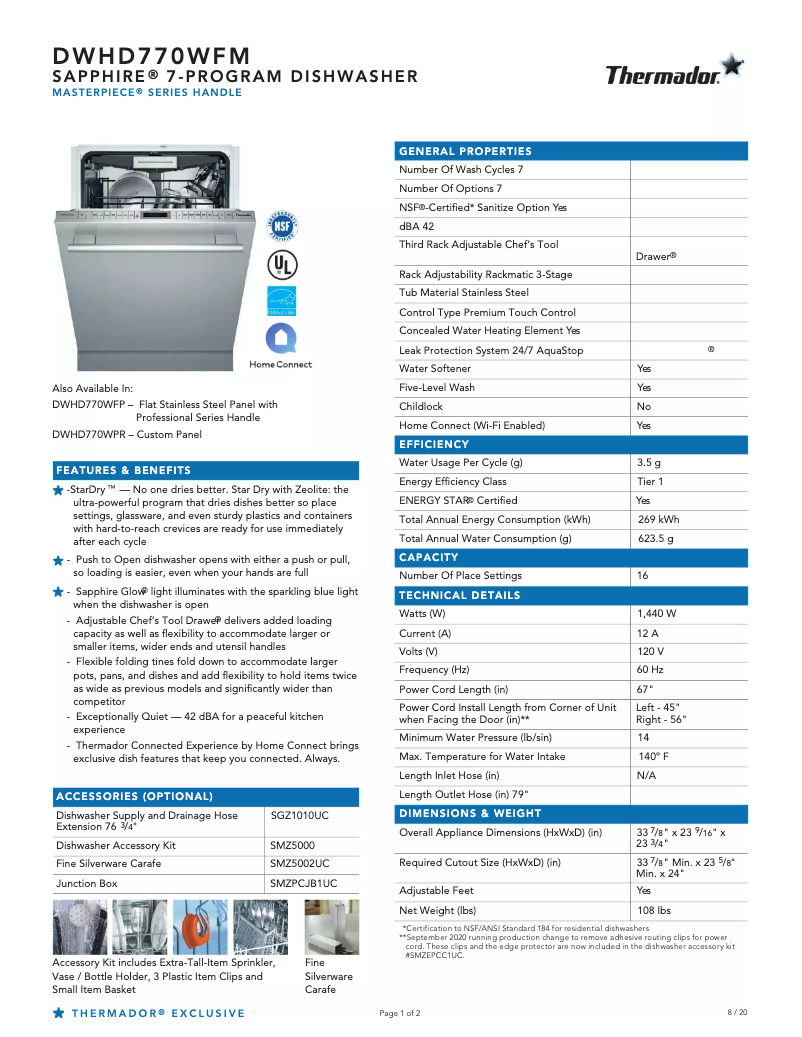 Página 1 del manual Ficha técnica Thermador DWHD770WFM