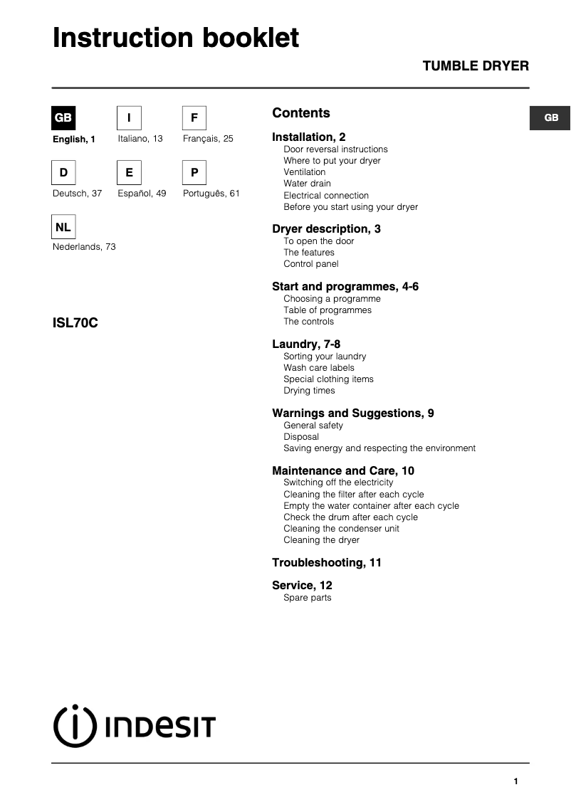 Página 1 del manual Manual de usuario Indesit ISL 70 C