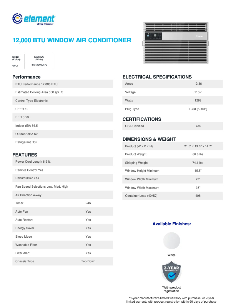Página 1 del manual Ficha técnica Element EWR12C