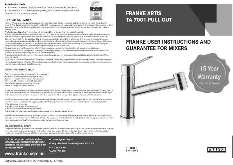 Página 1 del manual Manual de usuario Franke TA7001