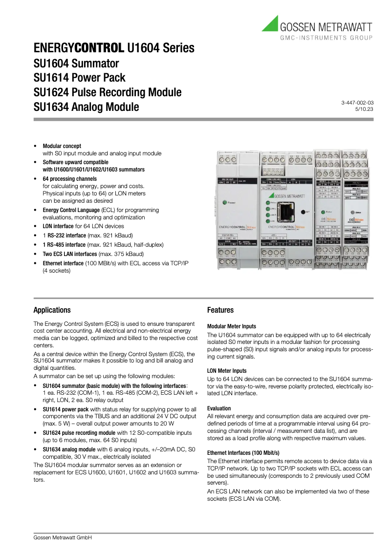 Página nº 1 - Ficha técnica Gossen Metrawatt SU1604