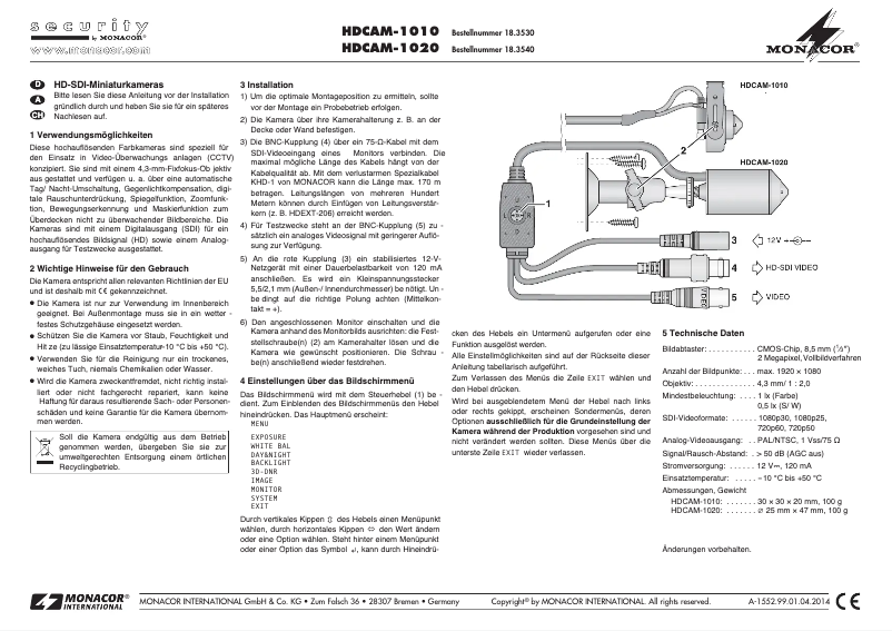 Imagen de la primera página del manual del dispositivo HDCAM-1010