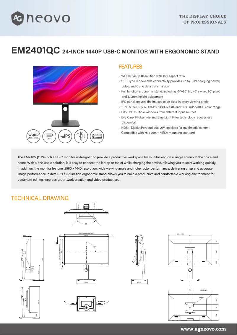 Página 1 del manual Ficha técnica AG Neovo EM2401QC