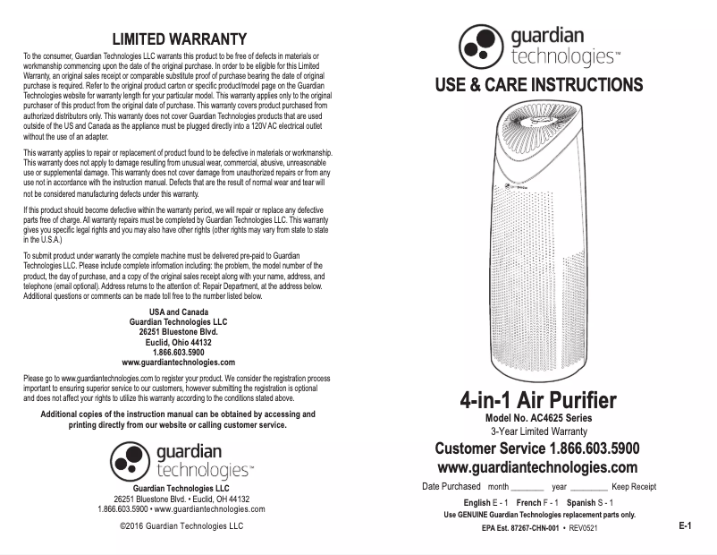 Página 1 del manual Manual de usuario GermGuardian AC4625