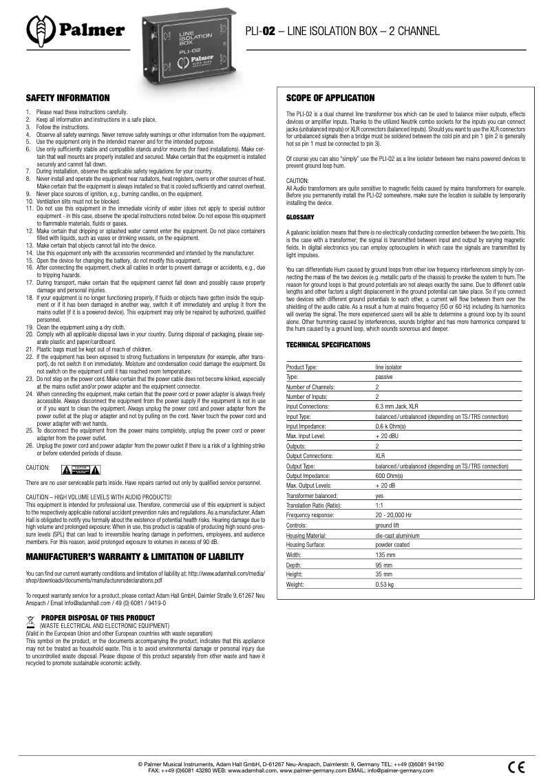 Página nº 1 - Manual de usuario Palmer PLI-02