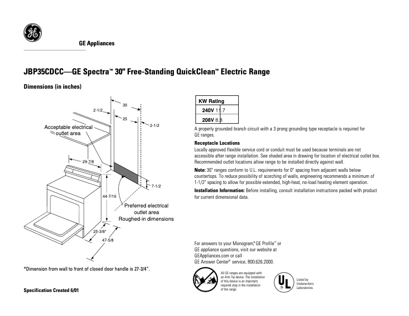 Página 1 del manual Ficha técnica GE Spectra JBP35CDCC