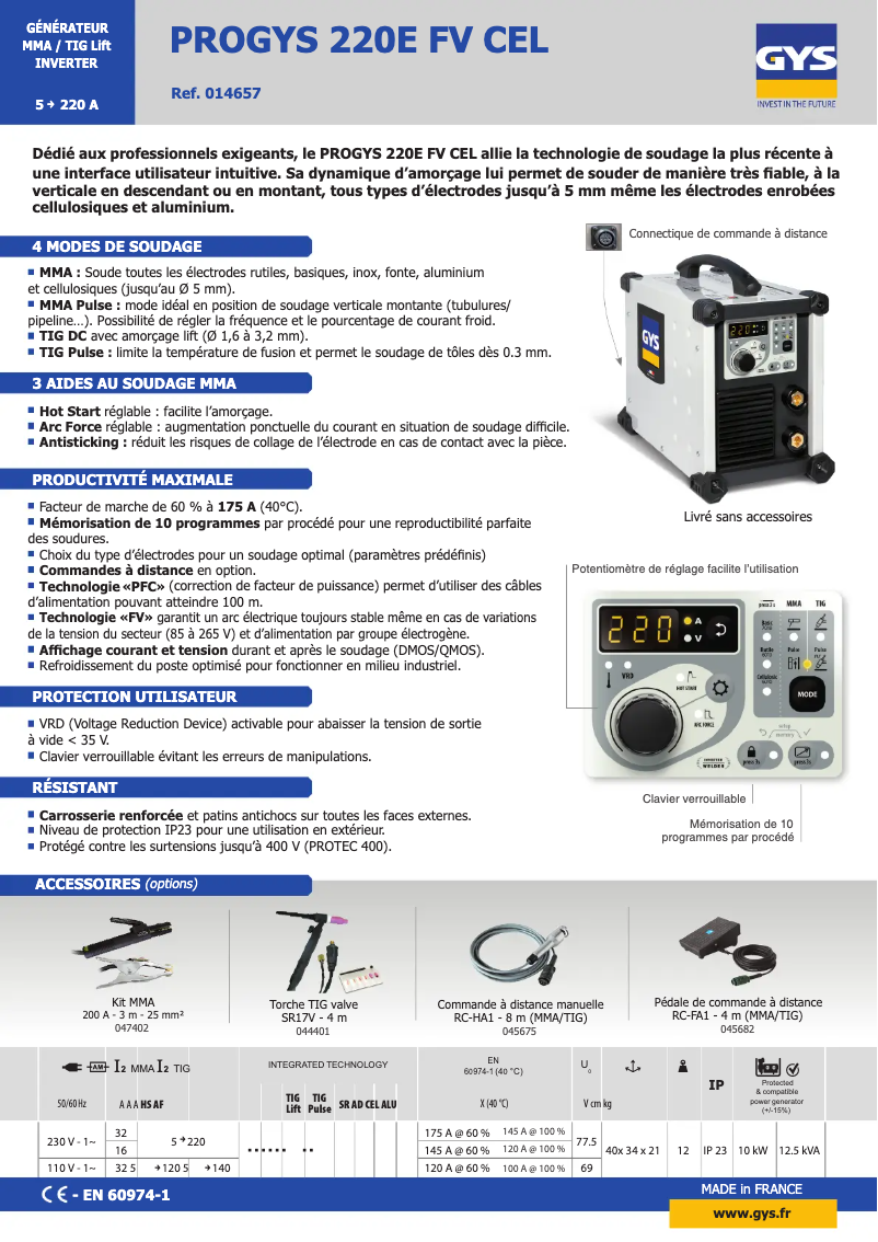 Página 1 del manual Ficha técnica GYS Progys 220E FV CEL