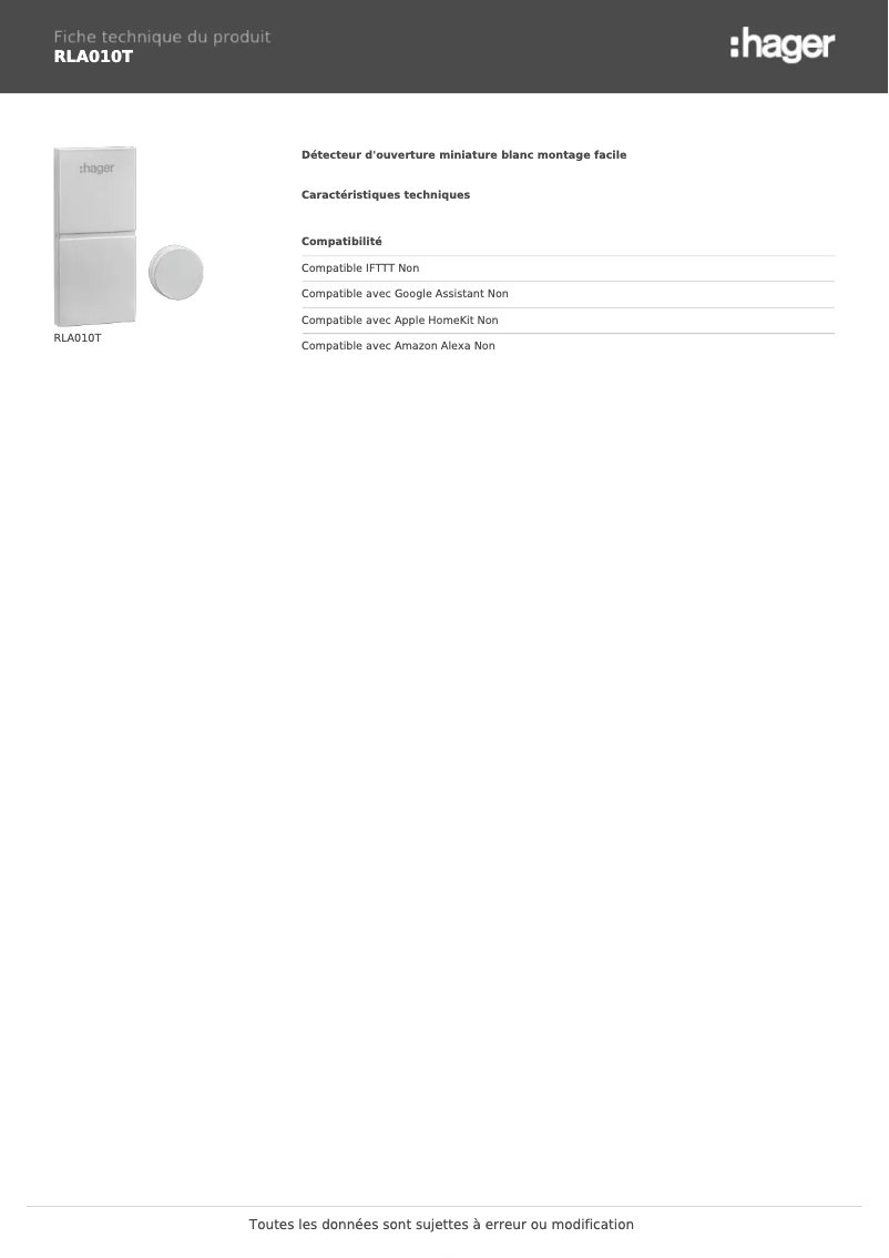 Página 1 del manual Ficha técnica Hager RLA010T