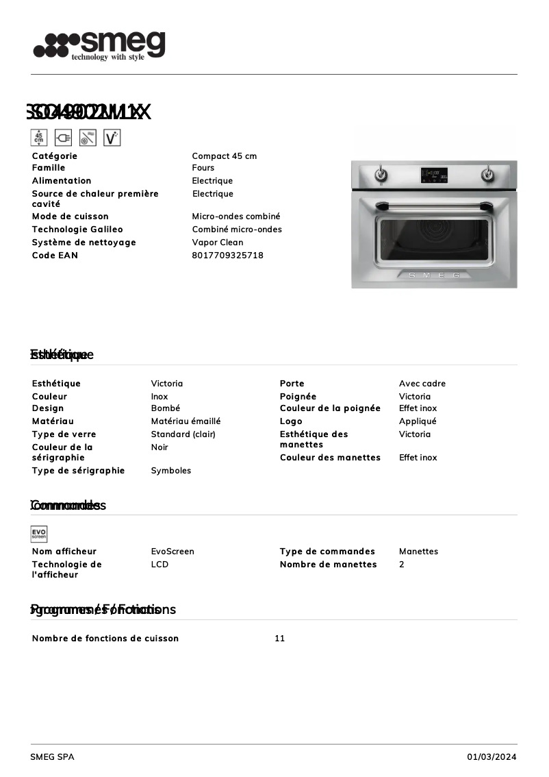 Página 1 del manual Ficha técnica Smeg SO4902M1X