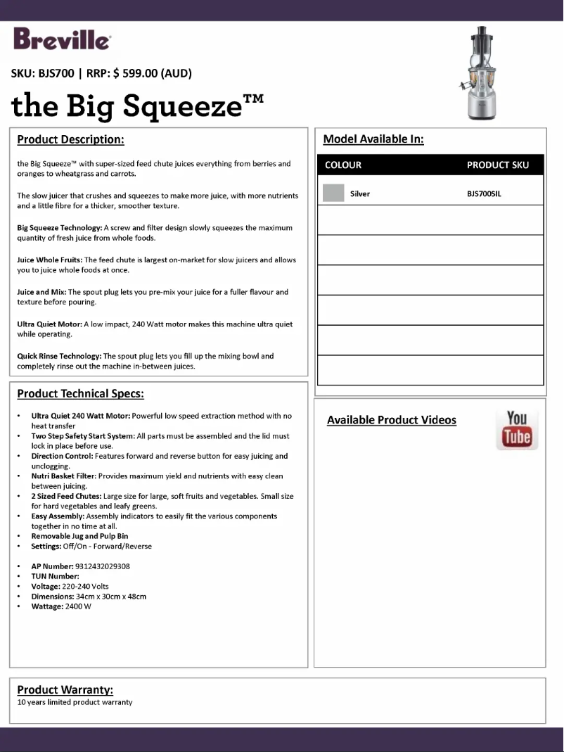 Imagen de la primera página del manual del dispositivo the Big Squeeze BJS700 SIL