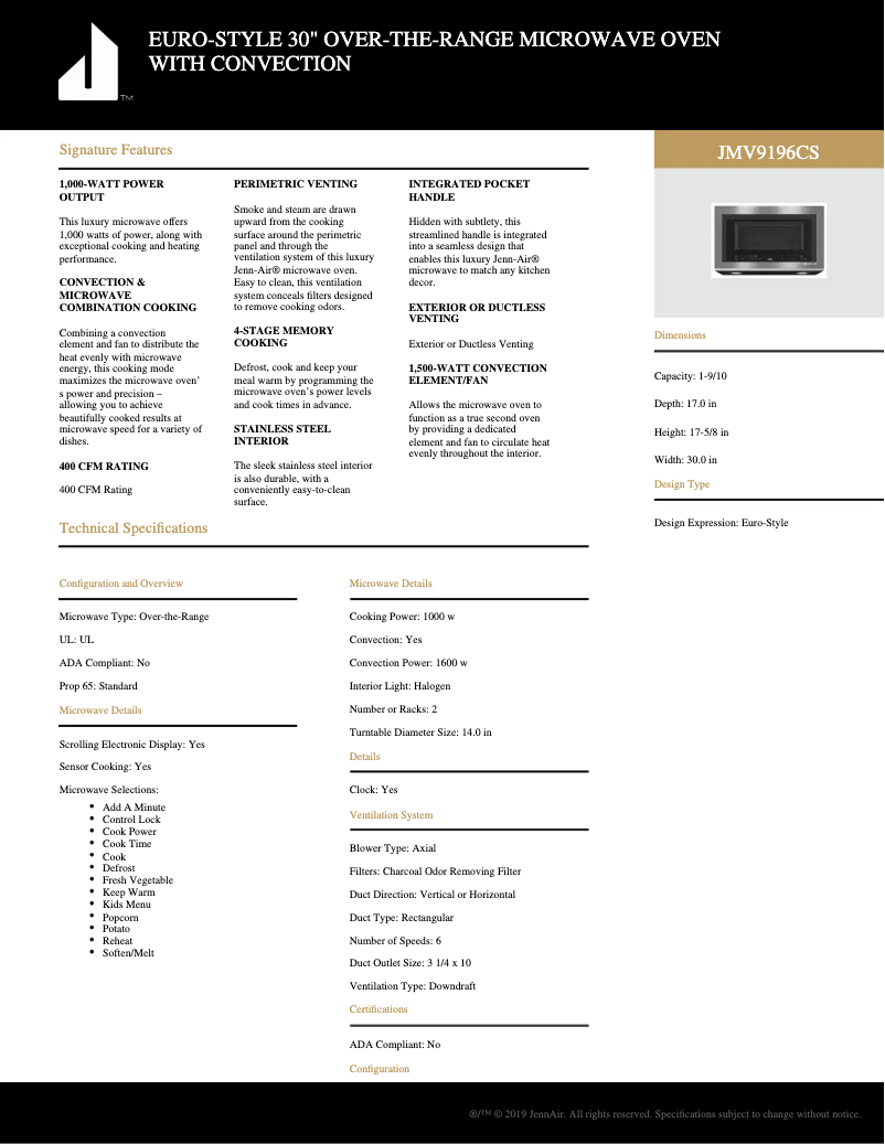 Página 1 del manual Ficha técnica KitchenAid JMV9196CS