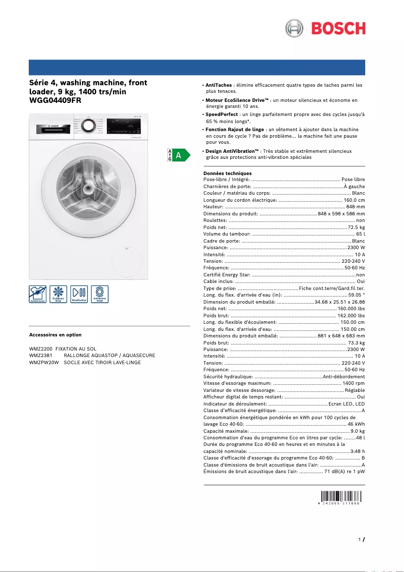 Página 1 del manual Ficha técnica Bosch Serie 4 WGG04409FR