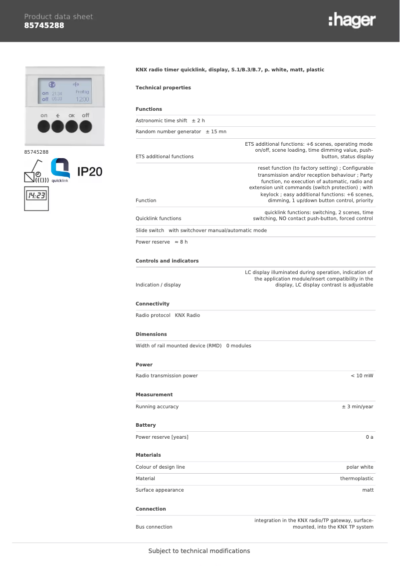 Página 1 del manual Ficha técnica Hager 85745288