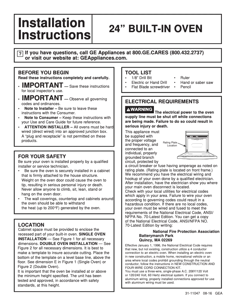 Página 1 del manual Guía de instalación GE JRP20WJWW
