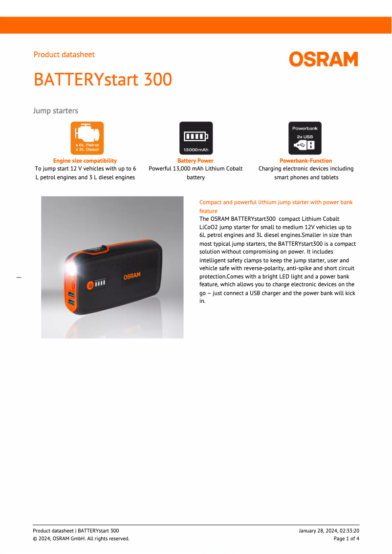 Imagen de la primera página del manual del dispositivo BATTERYstart 300