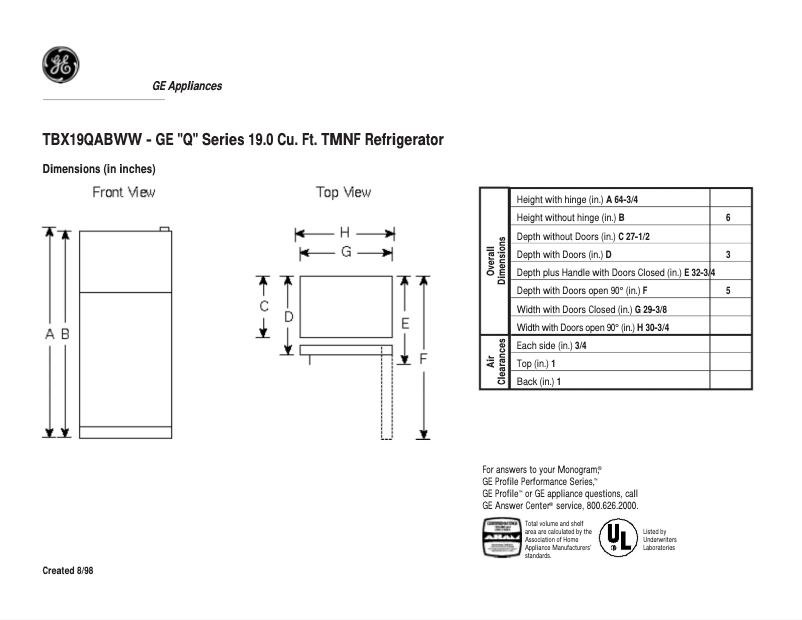 Página 1 del manual Ficha técnica GE TBX19QABAA