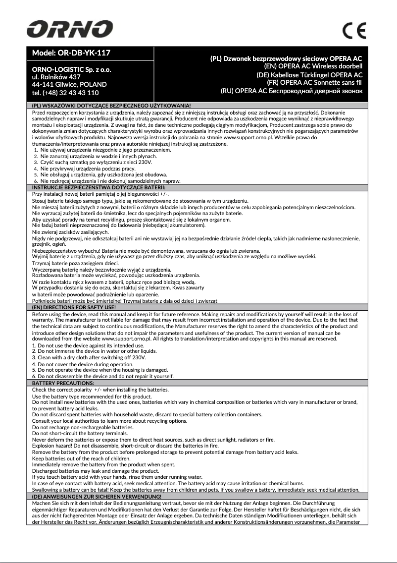 Página nº 1 - Manual de usuario ORNO OR-DB-YK-117