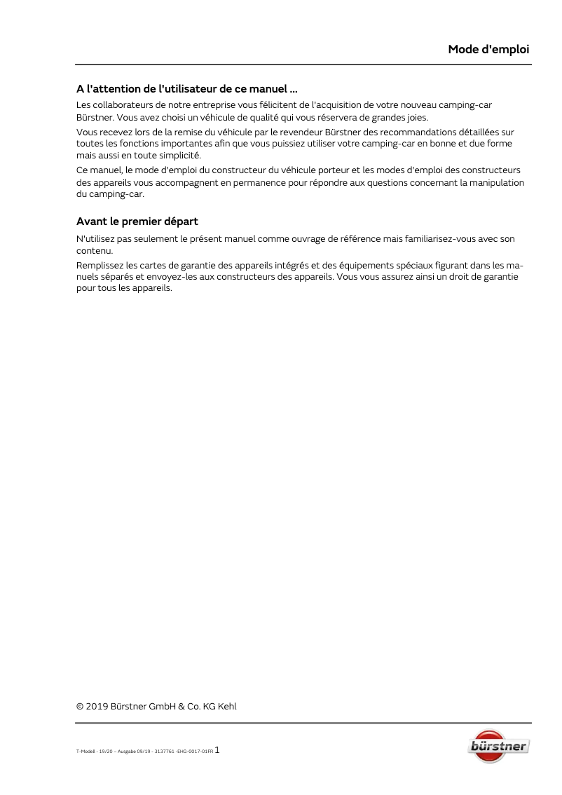 Página 1 del manual Manual de usuario Bürstner Travel Van (2020)