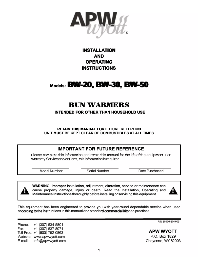 Página 1 del manual Manual de usuario APW Wyott BW-31