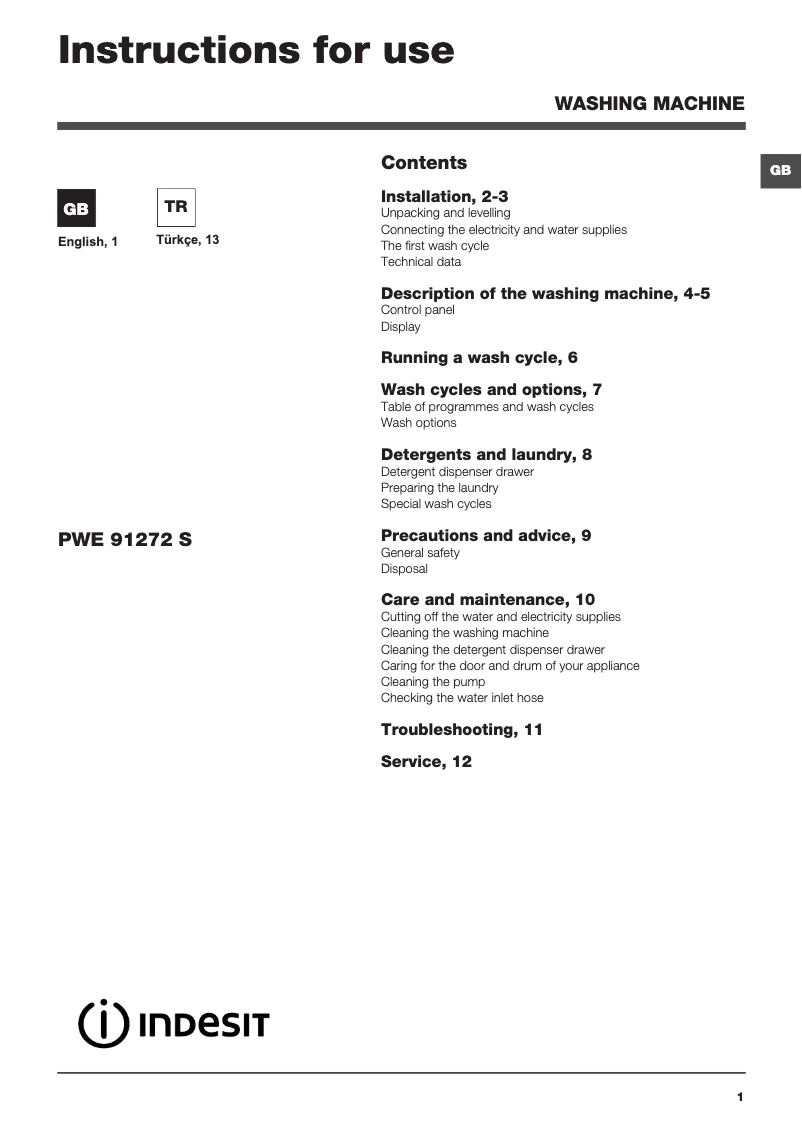 Página 1 del manual Manual de usuario Indesit PWE 91272 S