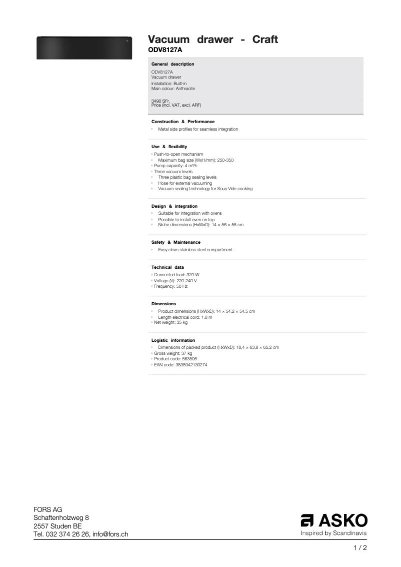 Página 1 del manual Ficha técnica Asko ODV8127A