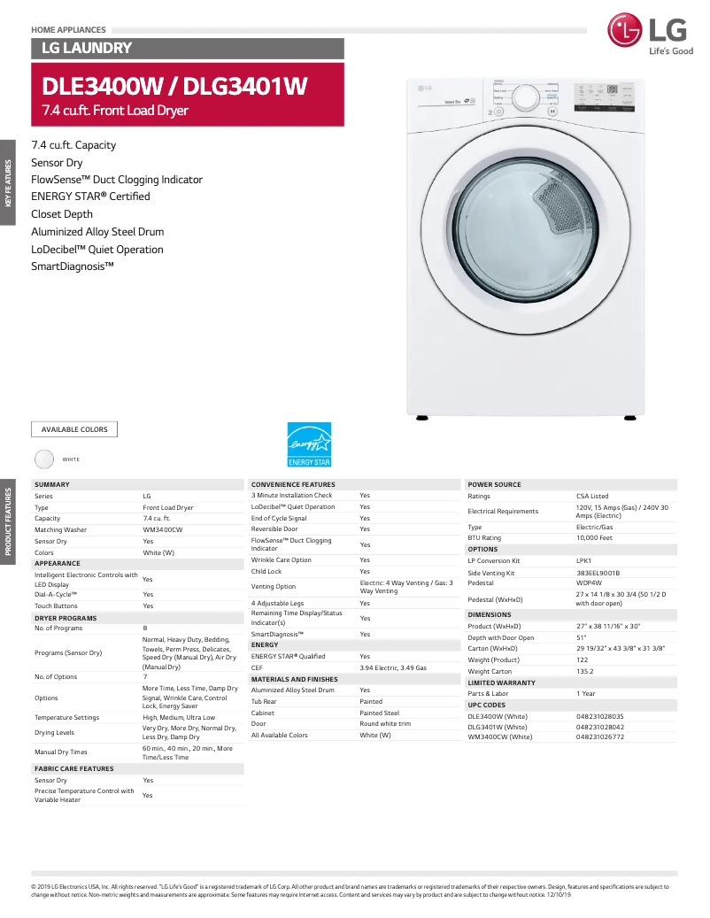 Página 1 del manual Ficha técnica LG D3401W