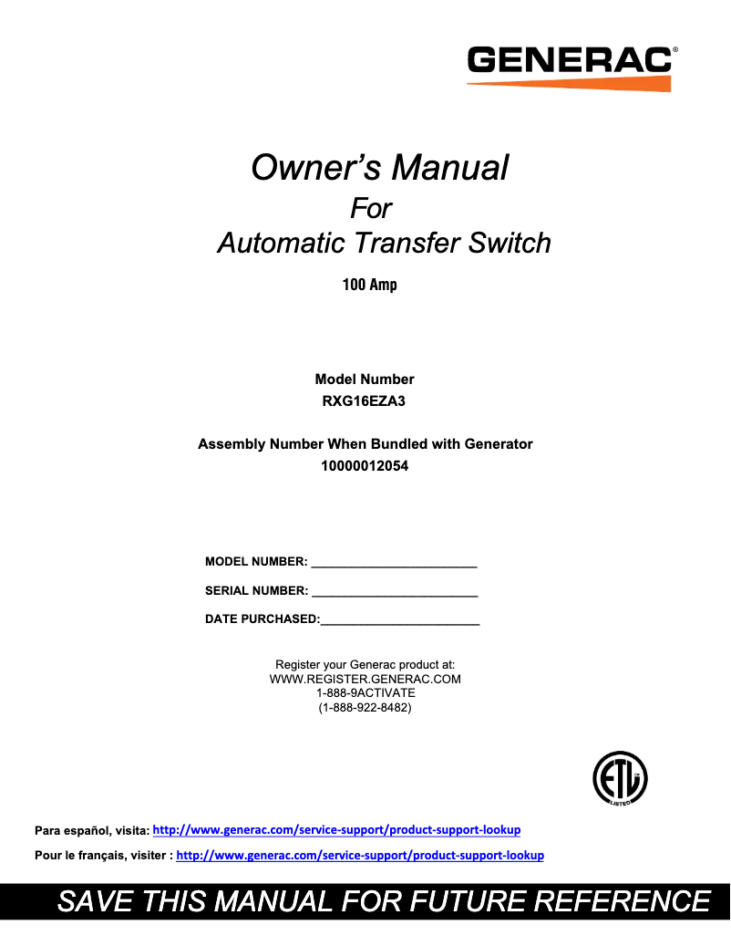 Página 1 del manual Manual de usuario Generac RXG10EZA1W