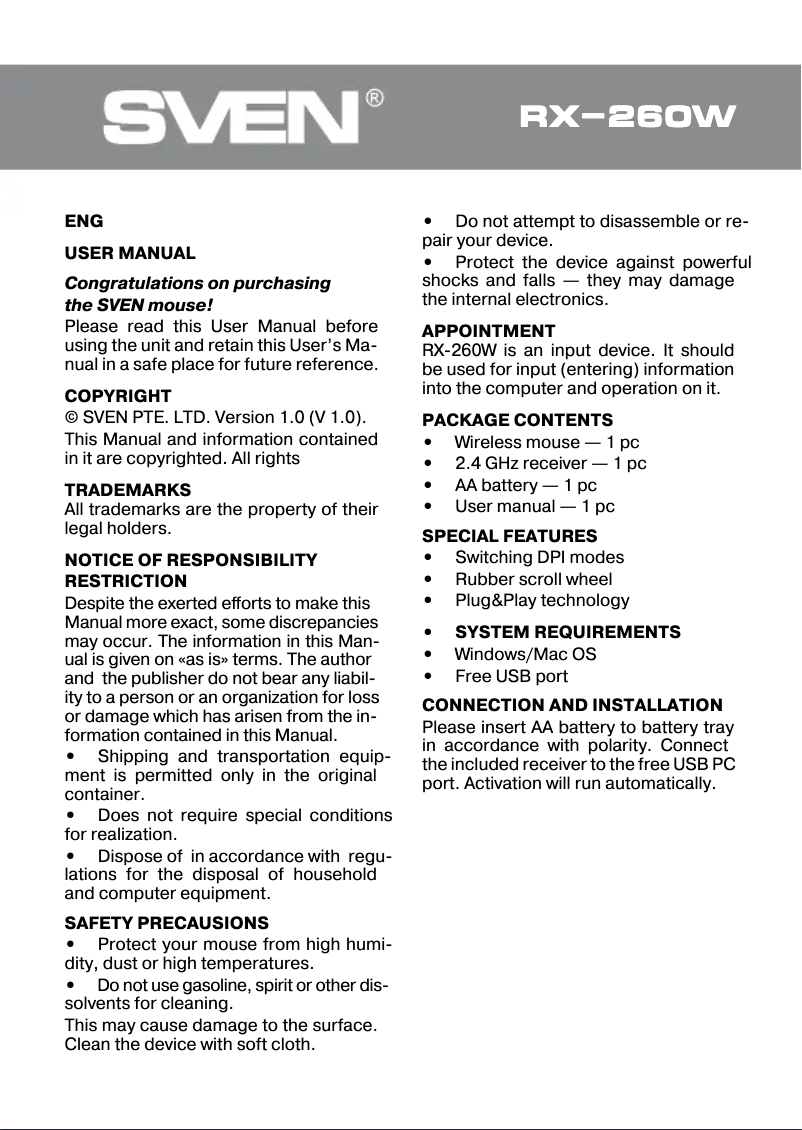 Página nº 1 - Manual de usuario Sven RX-260W