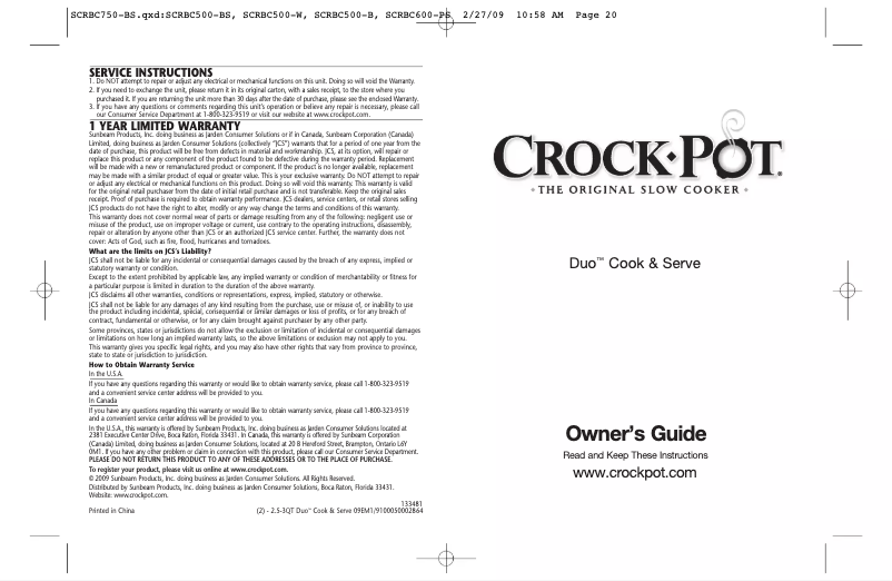 Página 1 del manual Manual de usuario Crock-Pot Duo SCRBC505-BS