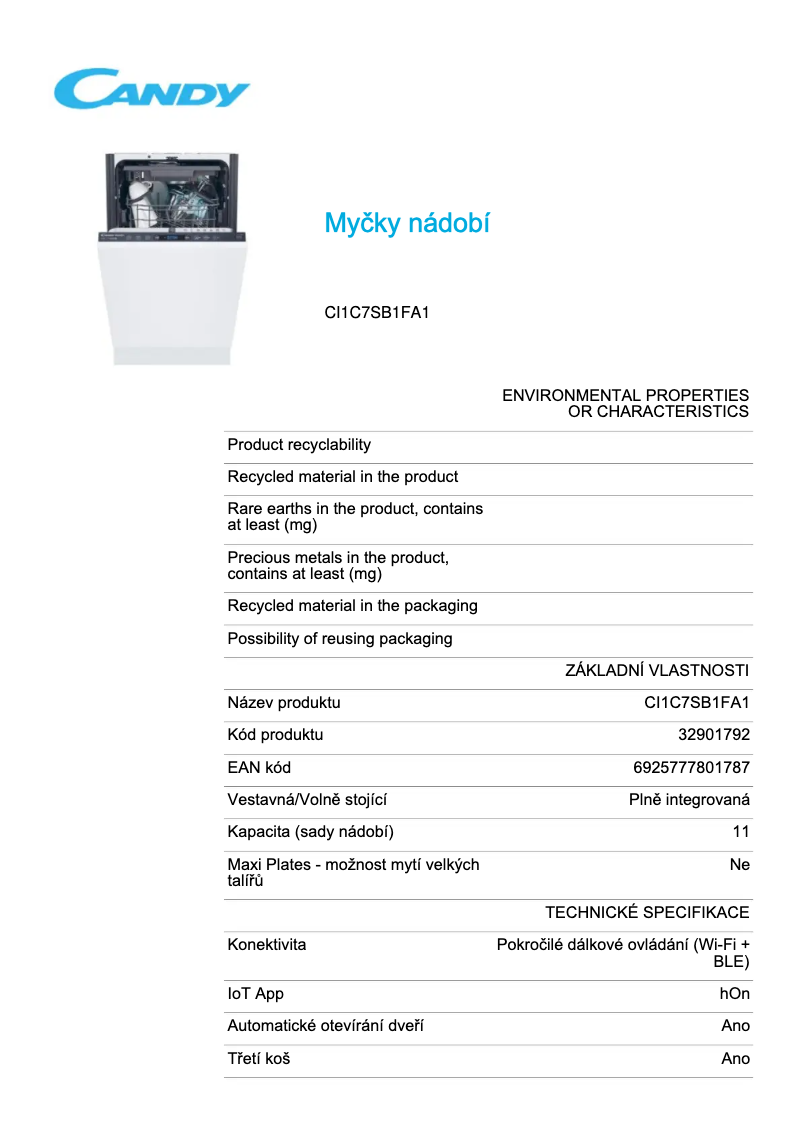 Página 1 del manual Ficha técnica Candy CI1C7SB1FA1