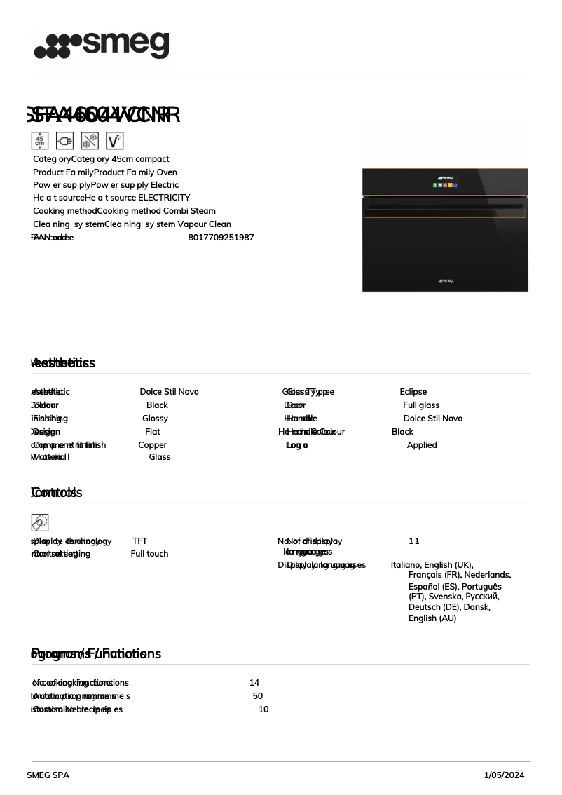 Página 1 del manual Ficha técnica Smeg SFA4604VCNR