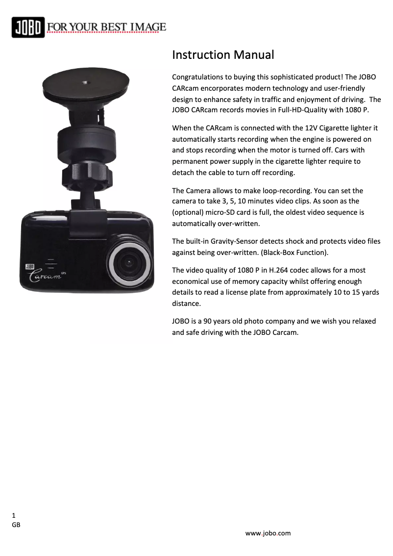 Página nº 1 - Manual de usuario Jobo CARcam 1080P GPS