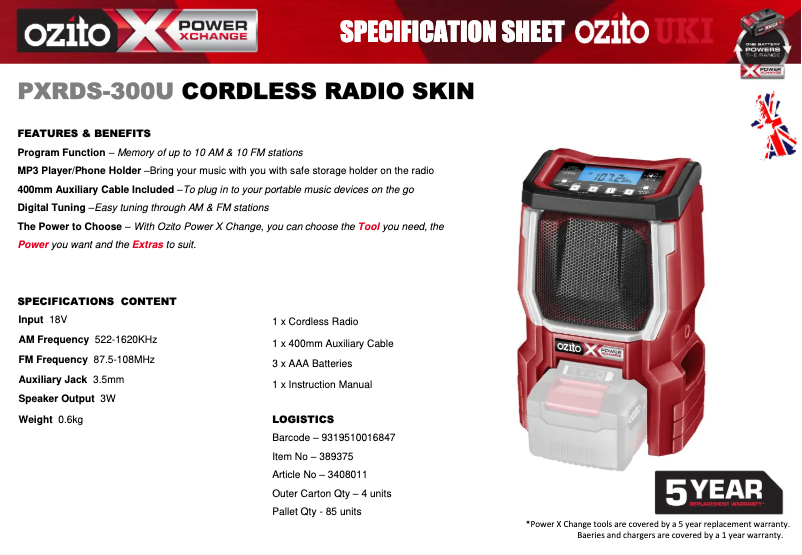 Página 1 del manual Ficha técnica Ozito PXRDS-300U