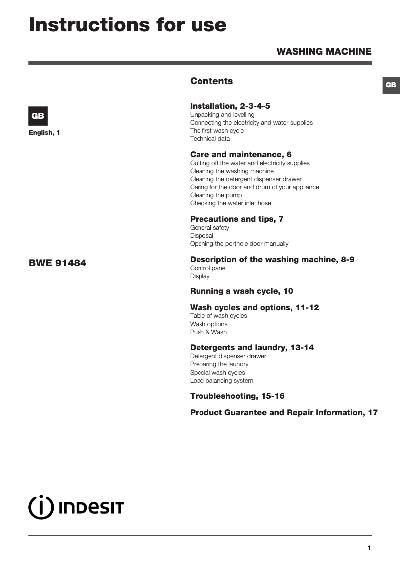 Imagen de la primera página del manual del dispositivo BWE 91484X K UK