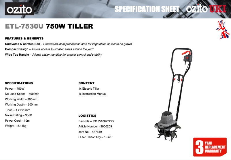 Página 1 del manual Ficha técnica Ozito ETL-7530U