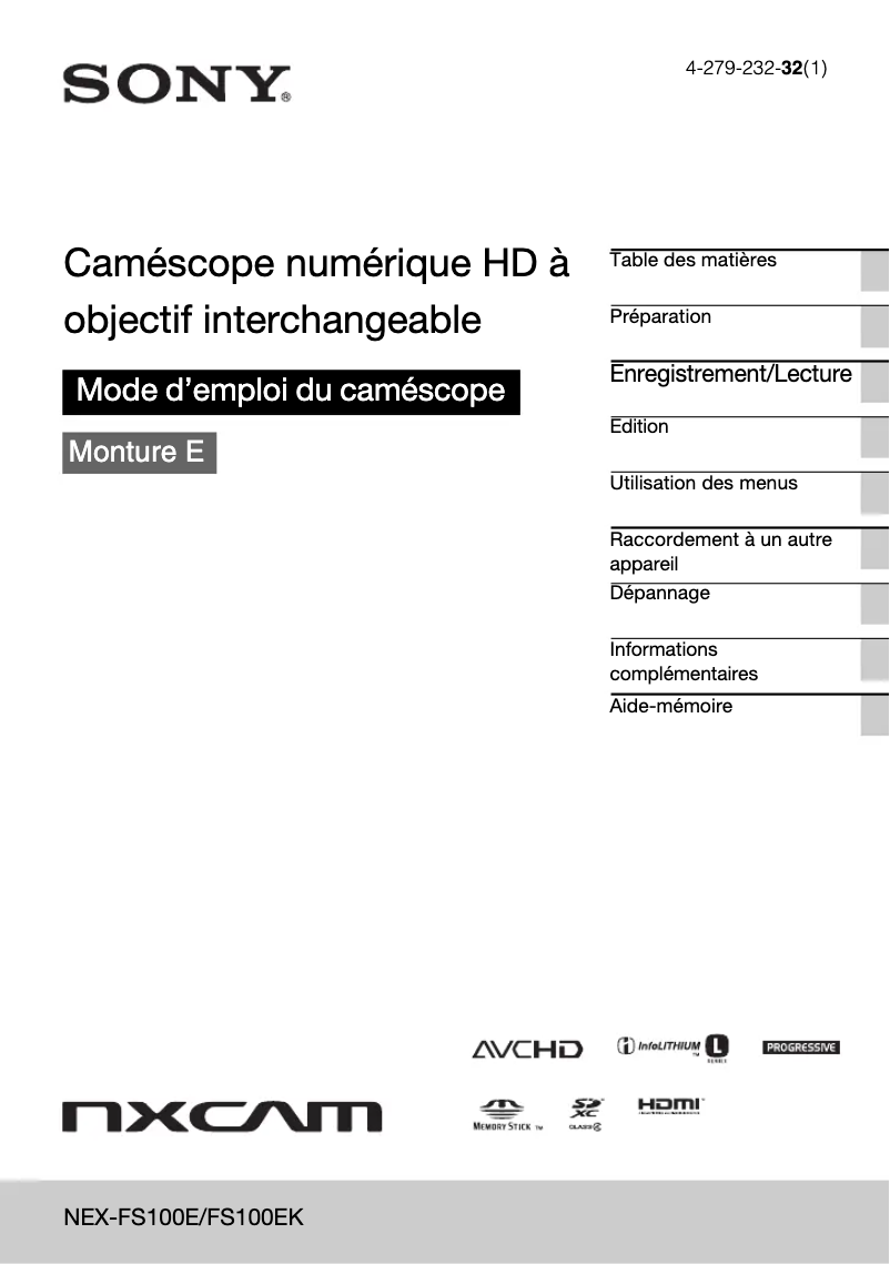 Imagen de la primera página del manual del dispositivo NEX-FS100EK