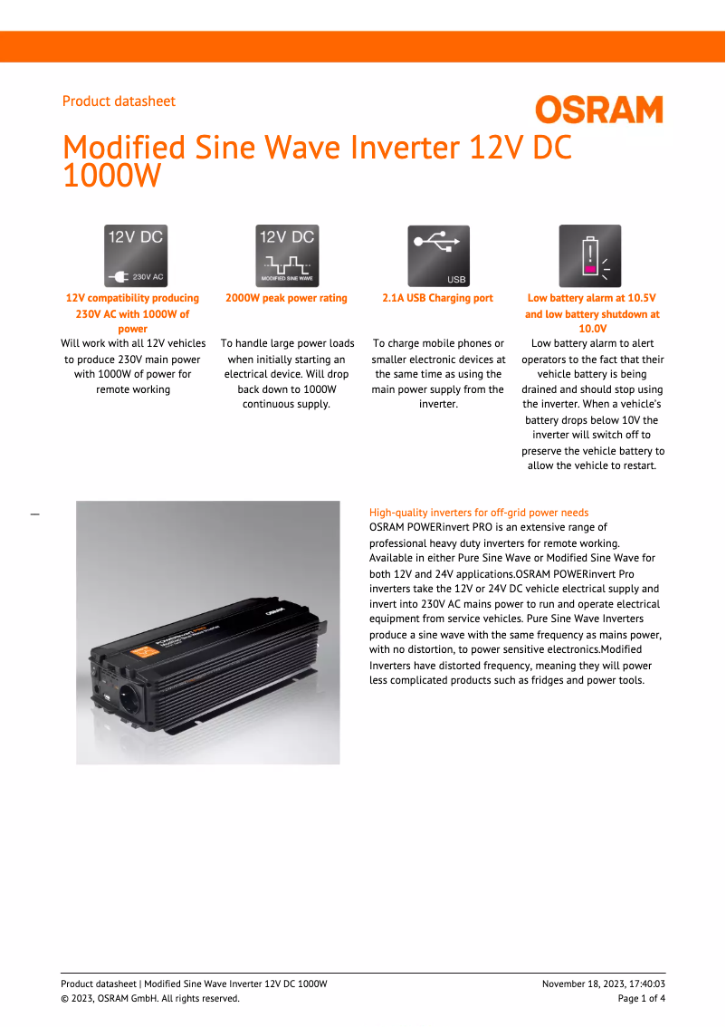 Página 1 del manual Ficha técnica Osram Modified Sine Wave 12V DC 1000W