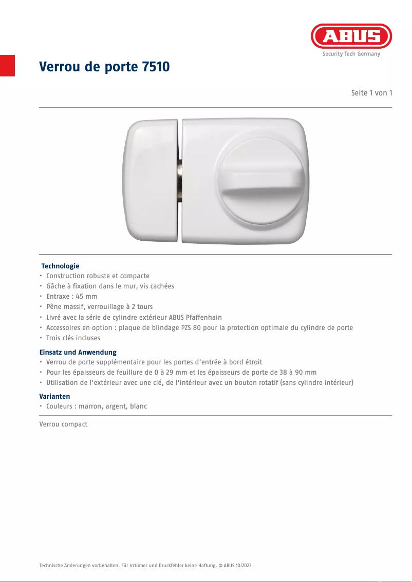 Página 1 del manual Ficha técnica Abus 7510