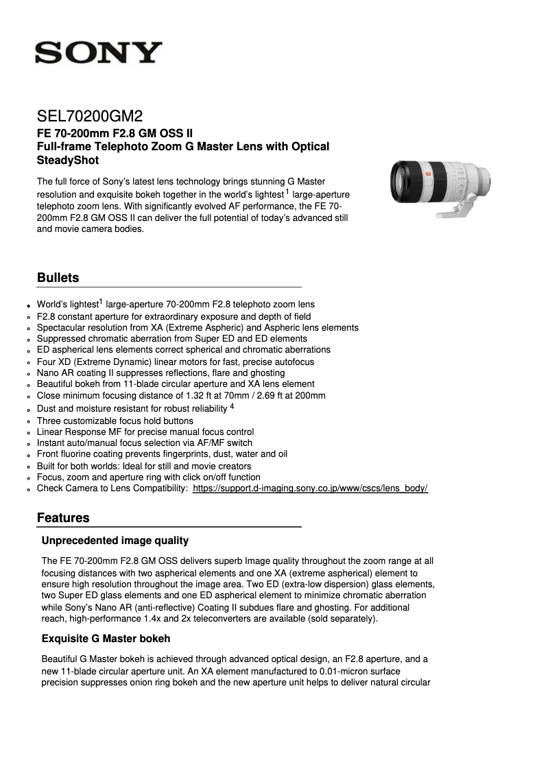 Página 1 del manual Ficha técnica Sony FE 70-200mm f/2.8 GM OSS