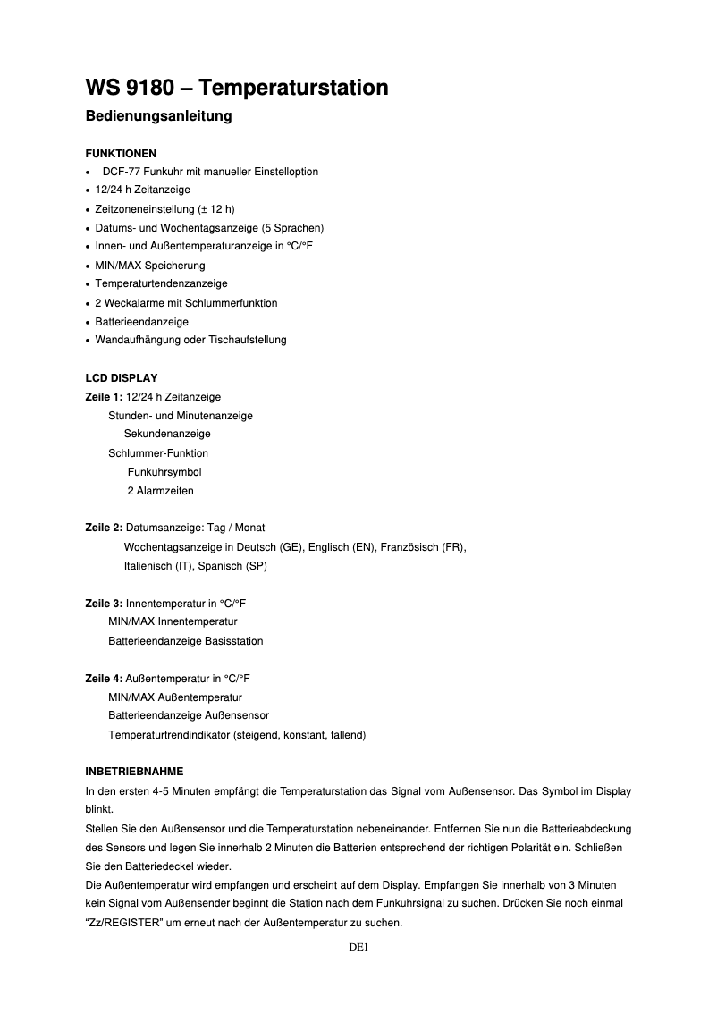 Imagen de la primera página del manual del dispositivo WS 9180