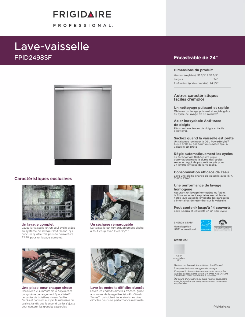 Página 1 del manual Ficha técnica Frigidaire FPID2498SF